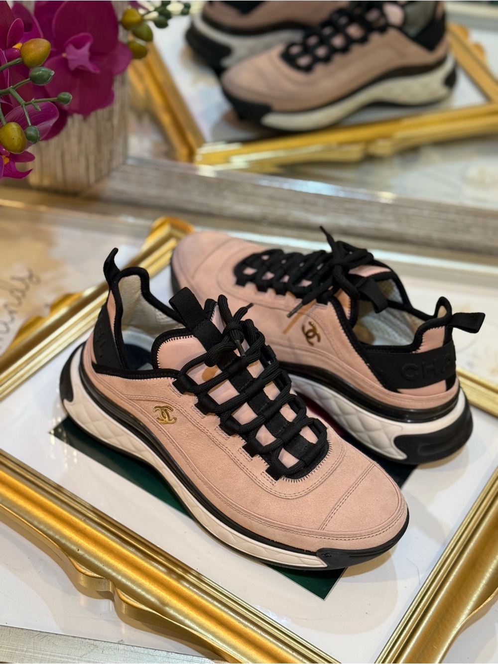 CHANEL Blush Pink and Black Suede Low-Top Sneakers - Picture 11 of 11